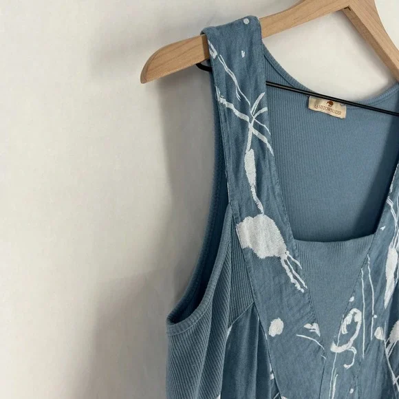 Lands Downunder Linen Dress Womens Large Blue‎ Abstract Knit Ribbed Square Neck - Picture 6 of 16